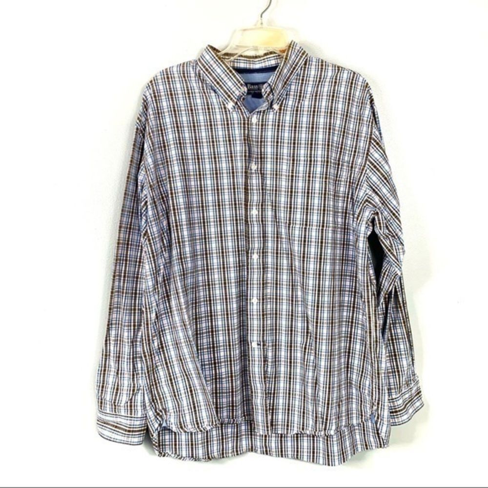 Bass Mens Plaid Button Down Shirt Extra Large Blue Brown Cotton Preppy Classic